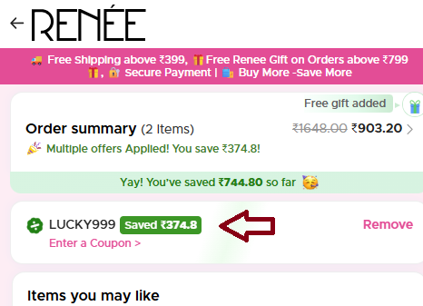 Coupon verification screenshot on Renee Cosmetics