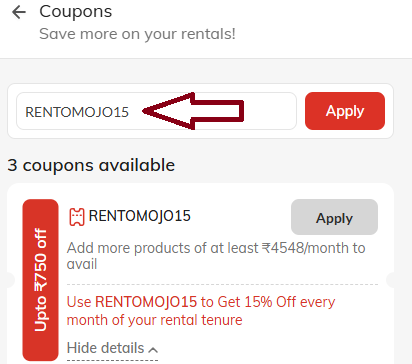 Coupon verification screenshot on Rentomojo