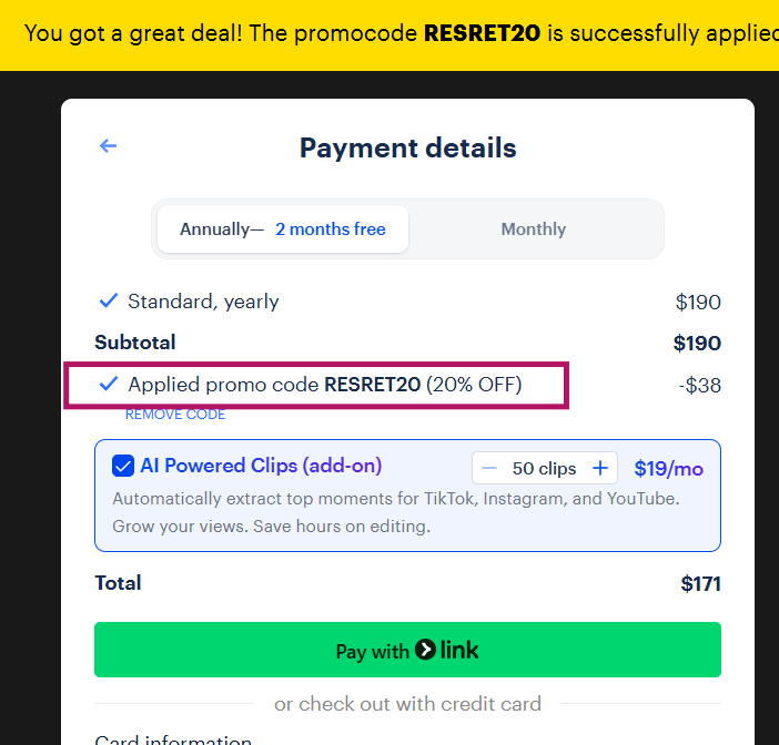 Coupon verification screenshot on Restream