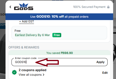 Coupon verification screenshot on RoadGods