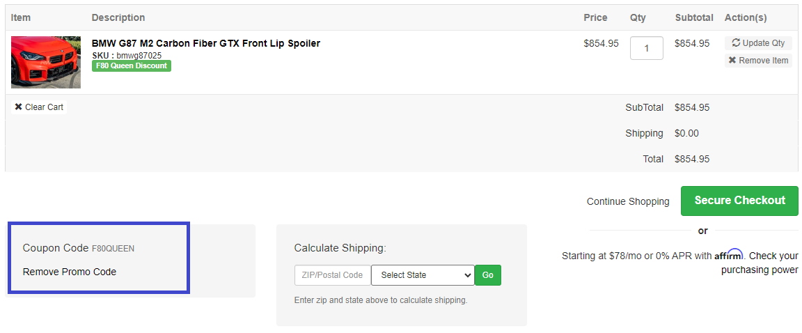 Coupon verification screenshot on RW Carbon