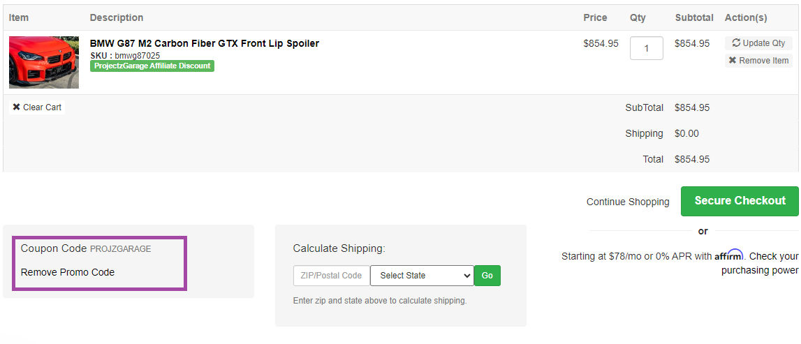 Coupon verification screenshot on RW Carbon