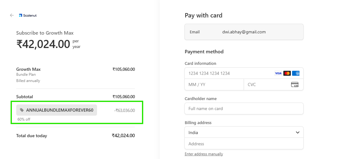 Coupon verification screenshot on Scalenut