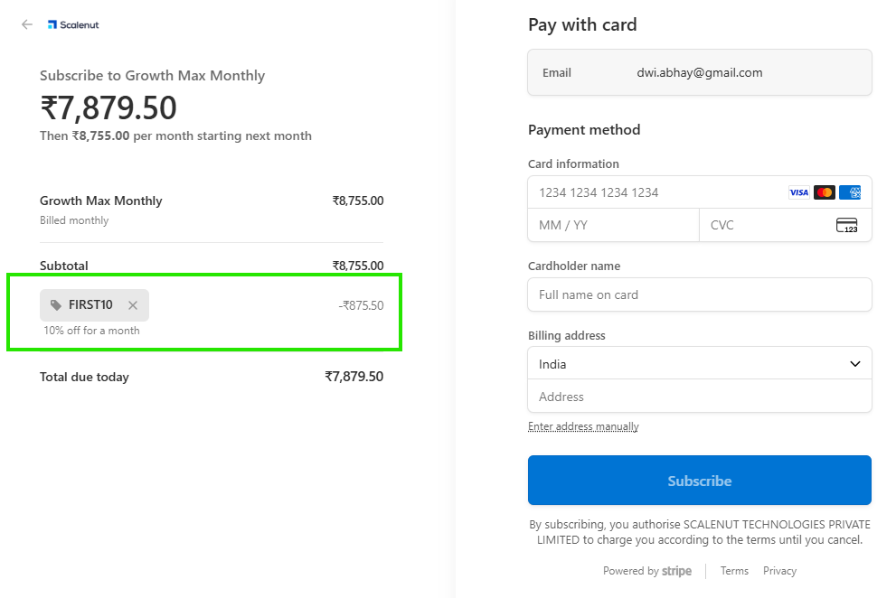 Coupon verification screenshot on Scalenut