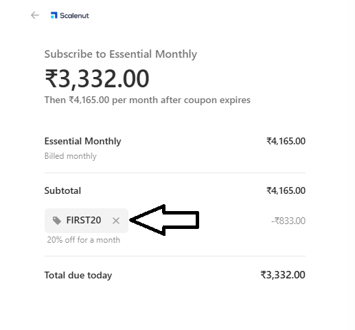 Coupon verification screenshot on Scalenut