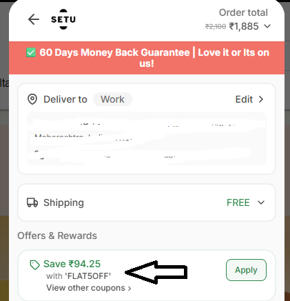 Coupon verification screenshot on Setu
