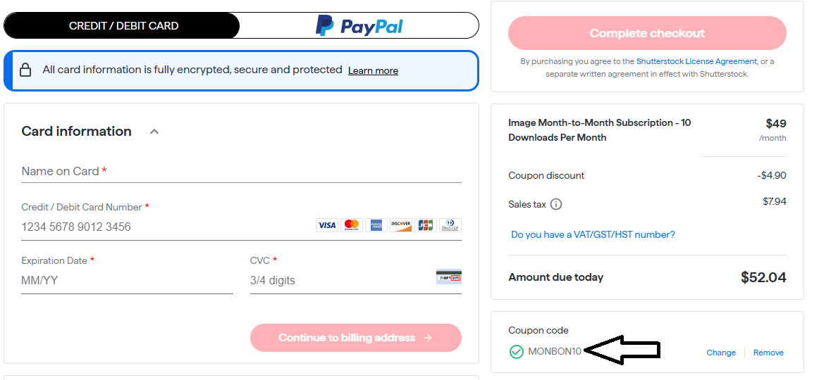 Coupon verification screenshot on Shutterstock