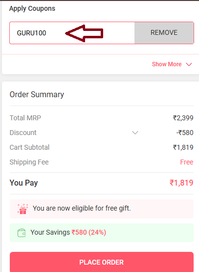 Coupon verification screenshot on Shyaway