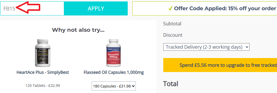 Screenshot of tested coupon for Simply Supplements
