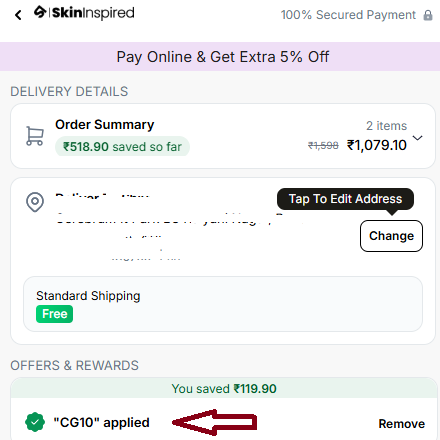 Coupon verification screenshot on SkinInspired