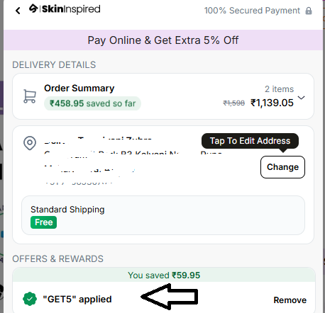 Coupon verification screenshot on SkinInspired