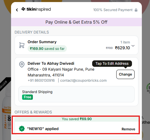 Coupon verification screenshot on SkinInspired