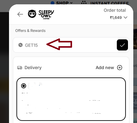 Screenshot of tested coupon for Sleepy Owl