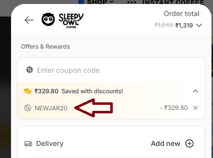 Coupon verification screenshot on Sleepy Owl