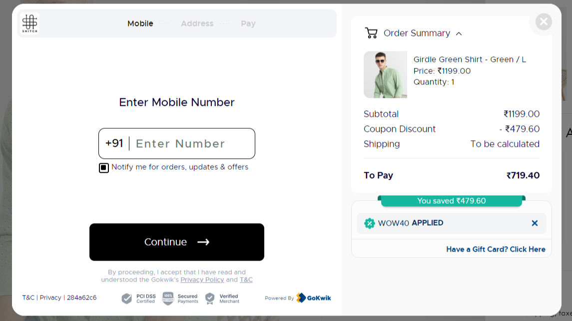 Coupon verification screenshot on Snitch