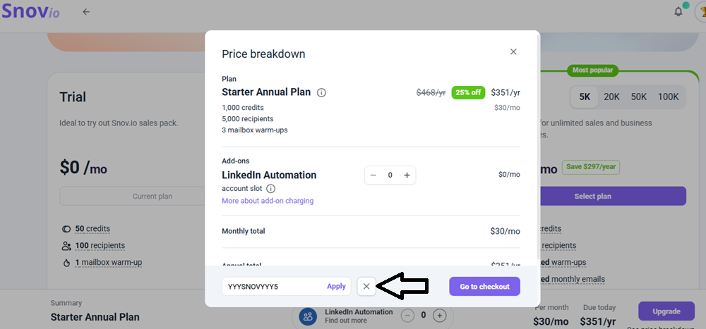 Screenshot of tested coupon for Snov.io