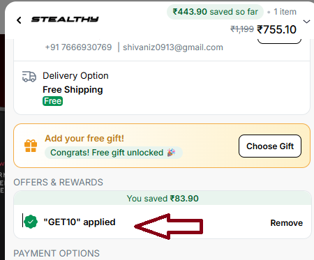 Screenshot of tested coupon for Stealthy