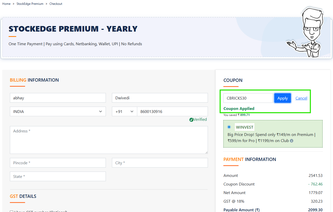 Screenshot of tested coupon for Stock Edge