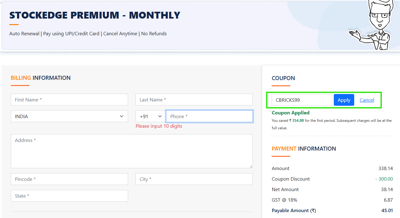 Screenshot of tested coupon for Stock Edge