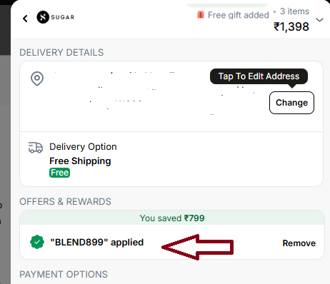 Coupon verification screenshot on Sugar Cosmetics