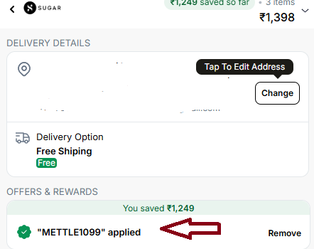 Coupon verification screenshot on Sugar Cosmetics