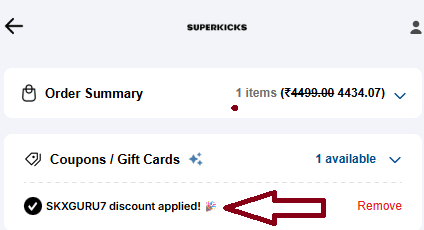 Coupon verification screenshot on Superkicks