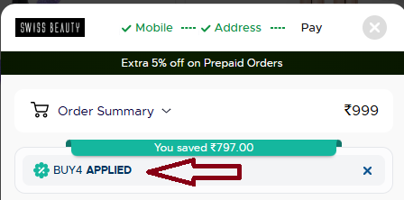 Coupon verification screenshot on Swiss Beauty