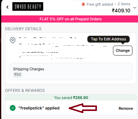 Coupon verification screenshot on Swiss Beauty
