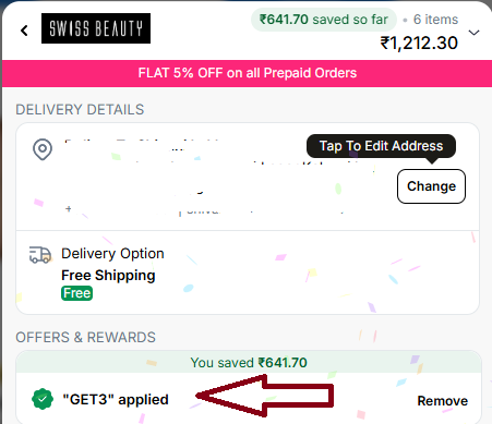 Coupon verification screenshot on Swiss Beauty