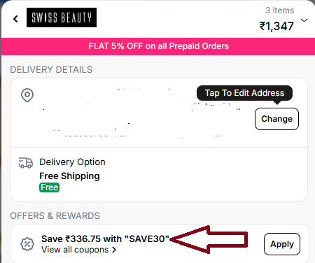 Coupon verification screenshot on Swiss Beauty