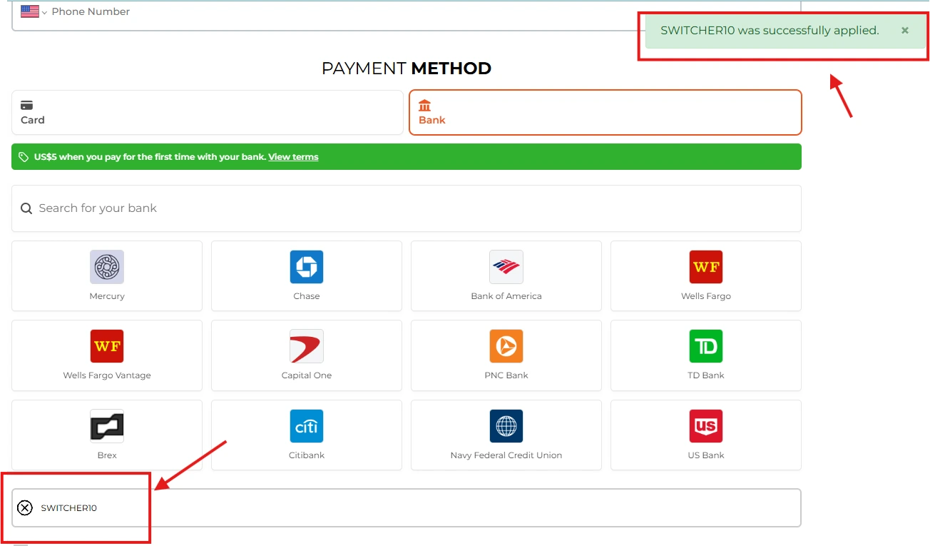 Coupon verification screenshot on Switcher Studio