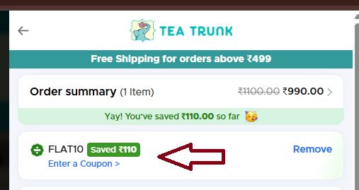 Coupon verification screenshot on Tea Trunk