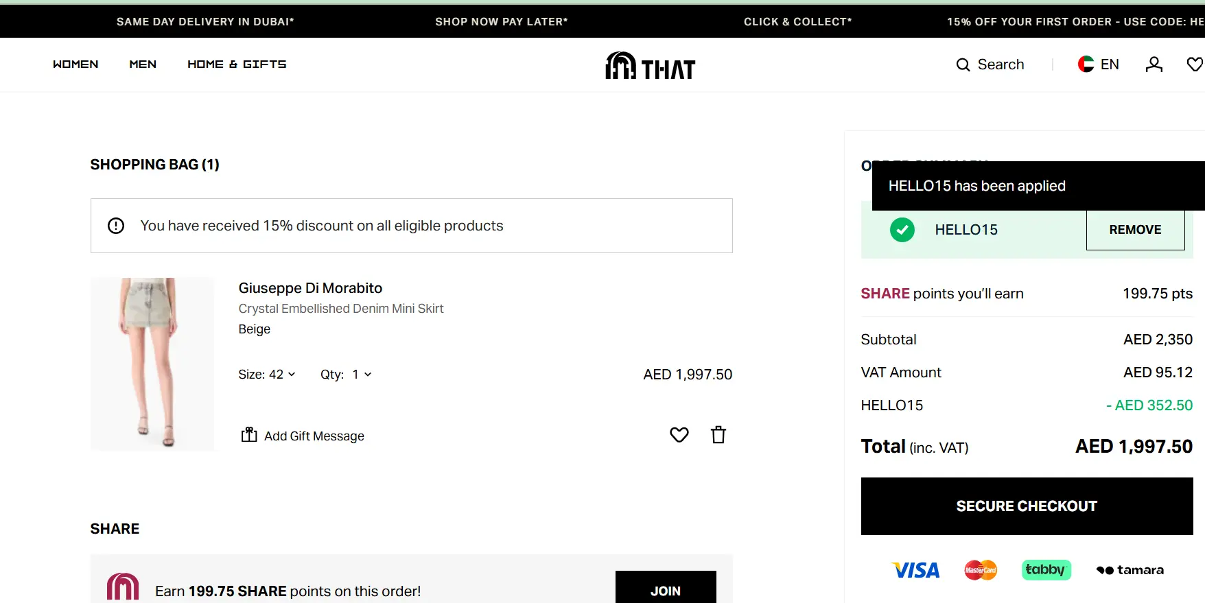 Coupon verification screenshot on THAT Concept Store