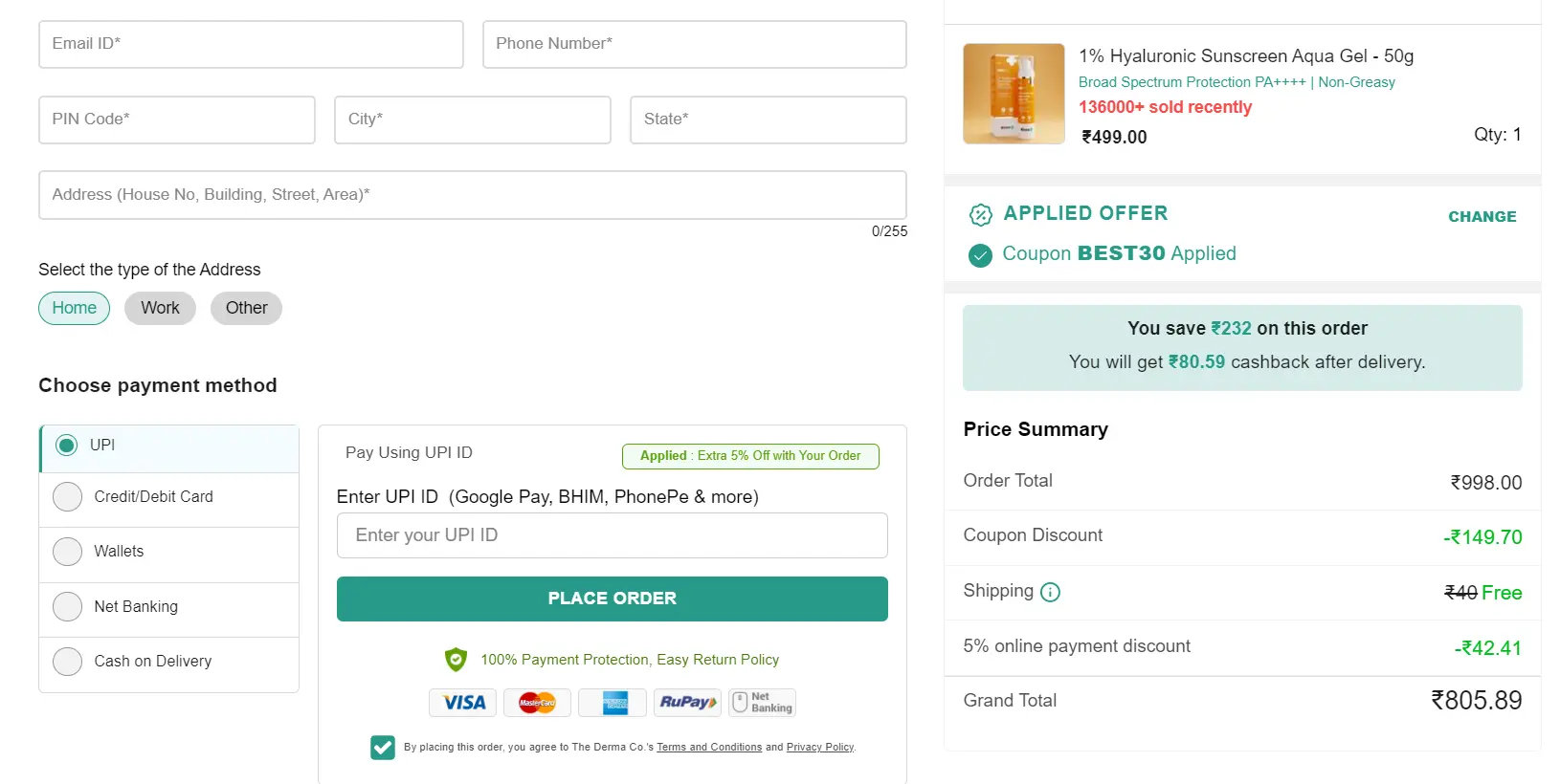 Coupon verification screenshot on The Derma Co