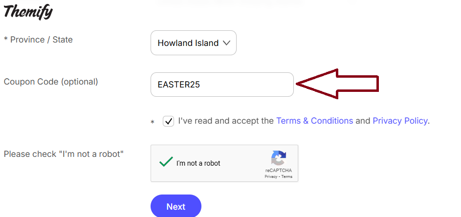 Coupon verification screenshot on Themify