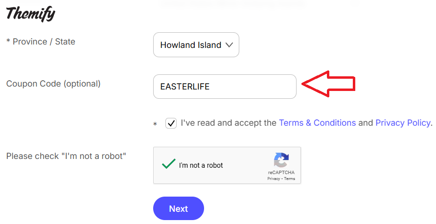 Coupon verification screenshot on Themify