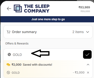 Coupon verification screenshot on The Sleep Company