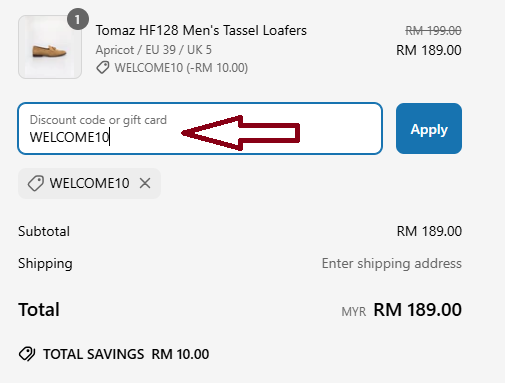 Coupon verification screenshot on Tomaz