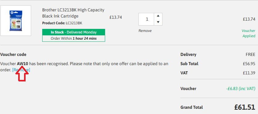 Coupon verification screenshot on Toner Giant