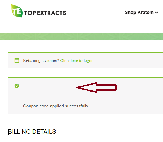 Coupon verification screenshot on Top Extracts