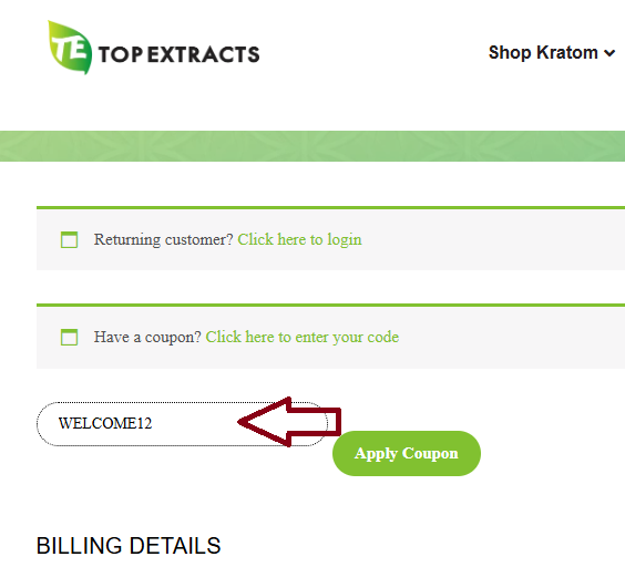 Coupon verification screenshot on Top Extracts