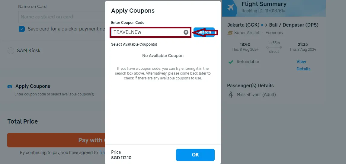 Coupon verification screenshot on Traveloka