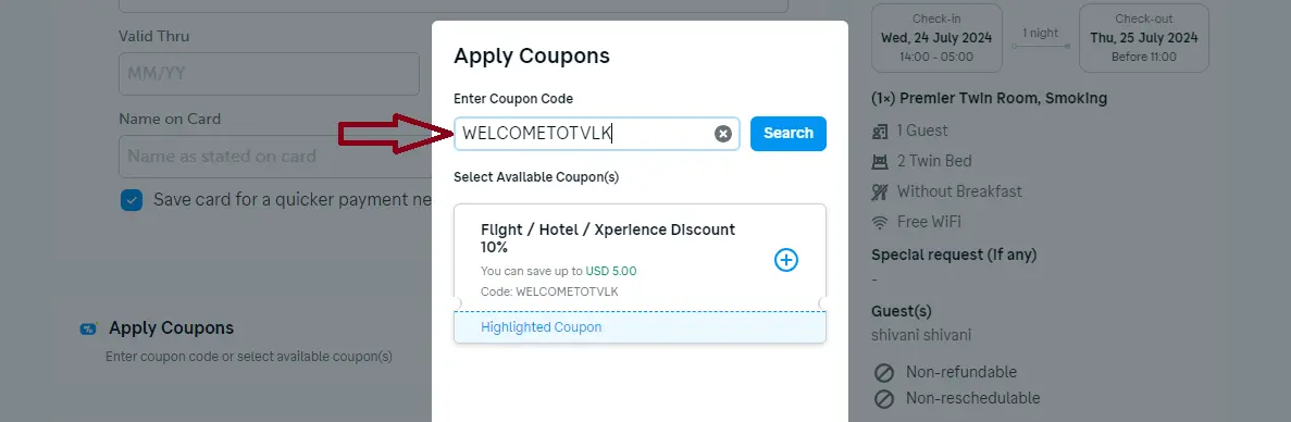 Coupon verification screenshot on Traveloka