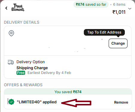 Coupon verification screenshot on True Elements