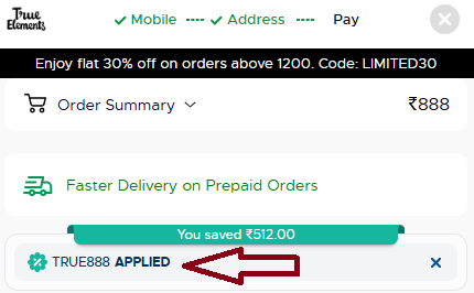Coupon verification screenshot on True Elements
