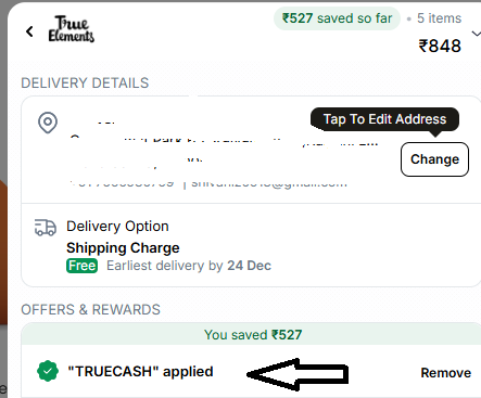 Coupon verification screenshot on True Elements