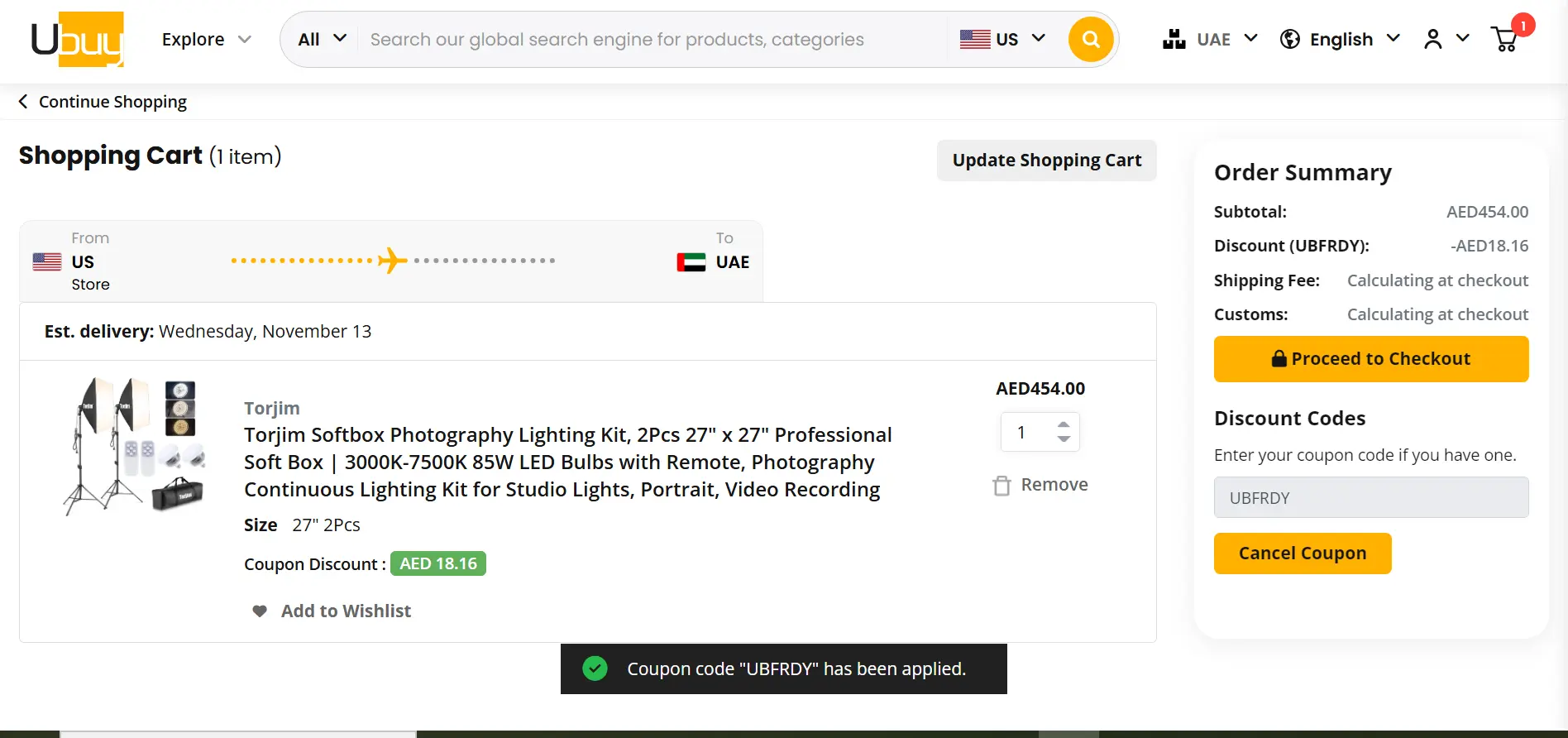 Coupon verification screenshot on Ubuy