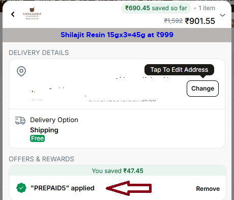 Coupon verification screenshot on Upakarma