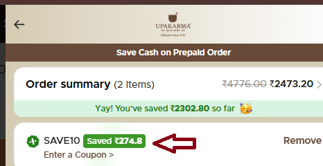 Coupon verification screenshot on Upakarma