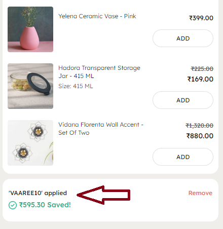 Coupon verification screenshot on Vaaree